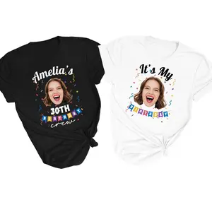Custom face photo personalized birthday shirt for women, unique customized birthday crew tee with name and age, funny bday party celebration t-shirt for group matching, comfortable soft cotton tshirt with colorful confetti design
