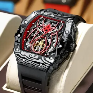 Men's Fully Automatic Mechanical Skeleton Watch, Barrel-Style Sports Matrix Wristwatch