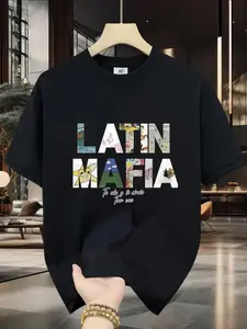 Summer New Latin Mafia Tour Print T-Shirt, Loose Round Neck Unisex Short Sleeve, Casual Fitted Tee, Trendy American Style