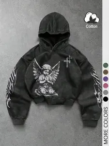 Unisex Cropped Zip Graphic Hoodie Featuring Angel Motif And Cross Symbol, Gothic Street Style, Soft Cotton Fabric, For Men And Women’s Alternative Fashion Wear, Goth Sweatshirt