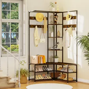 Free Standing Corner Hall Tree - Metal Coat and Hat Rack with Shoe Storage Compartment