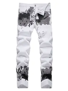 Jeans For Men White Denim Pants Streetwear Casual Comfort Birthday Outfits Mid Waist Black And Grey Printed Trousers Summer Clothes