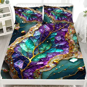 Fitted Sheet 3-Piece Set - 2D Flat Printed Purple, Emerald Green, and Gold Leaf Pattern Mattress Covers, Available in 10 Sizes (1 fitted sheet + 2 pillowcases, no insert). skin-friendly and breathable bedding, suitable for family bedrooms .