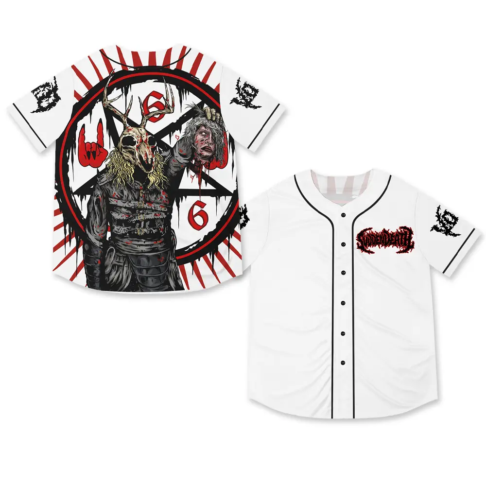 SVDDEN DEATH Baseball Jersey, VOYD Deer Skull Demon Pentagram Shirt, Heavy Dubstep Deathstep Basshead Merch, Lost Lands EDC Festival Outfit, 666 Metal Gothic Graphic Button Down Top, Headbanger Music Lover Unisex Rave Apparel
