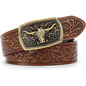 Mens Ratchet Western Belt Leather Cowboy Belts for Men with Automatic Western Buckle Belt for Jeans Christmas Gifts
