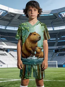 Capybara Parent-Child Jungle Boys' V-Neck Sports Short Sleeve and Shorts Set, 100% polyester, casual and loose-fit, featuring fun and stylish printed patterns for summer. Suitable for summer outdoor physical activities and daily casual wear, an ideal gift