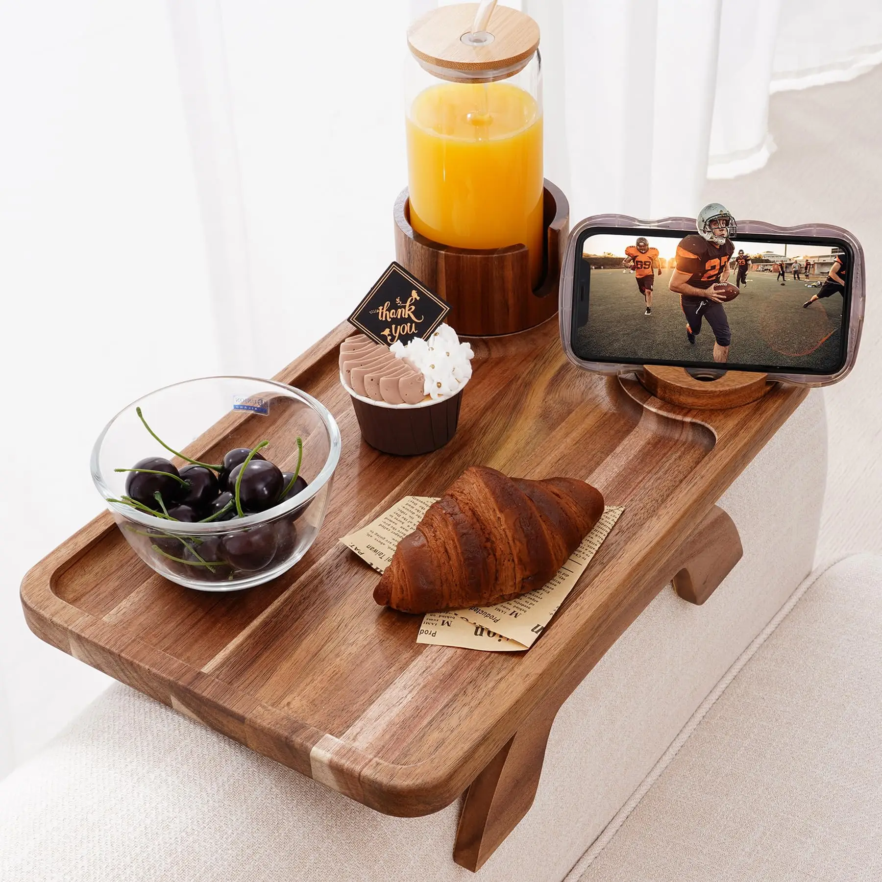 Sofa Cup Holder Tray, 3 in 1 Large 15.36"x9.85" Acacia Wood Sofa Arm Clip on Tray Table with 360°Rotated Phone Holder on Armrest，Sofa Accessories,Chri