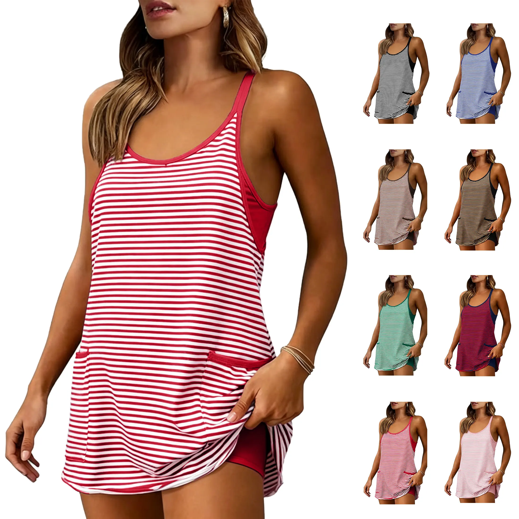 MUNDOVEN Women's Summer Athletic Mini Dress Sleeveless V Neck Built-in Shorts Striped Tennis Workout Vacation Spaghetti Spaghetti