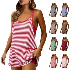 MUNDOVEN Women's Summer Athletic Mini Dress Sleeveless V Neck Built-in Shorts Striped Tennis Workout Vacation Spaghetti Spaghetti summerwins