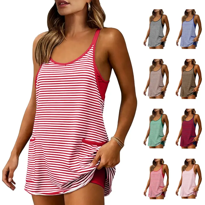 Mundoven Women's High Stretch Striped V-Neck Tennis Dress with Shorts - Sleeveless Sporty Workout Athletic Jumpsuit, Above-Knee, Built-in Shorts, Pockets, Better Coverage