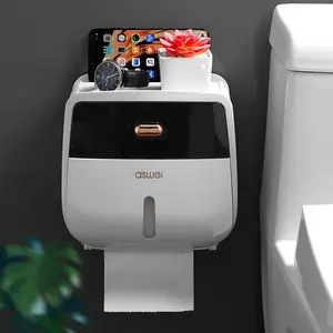 Two-In-One Waterproof Paper Towel Holder with Drawer and Phone Stand, No-Drill Bathroom Roll Holder, Holds Toilet Rolls and Wet Wipes