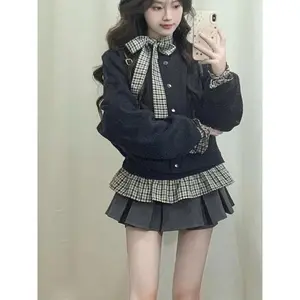 Y2K American Vintage 3PC Set Sweet Women Retro Cardigan Chic Plaid Shirt Pleat Skirt Korean Fashion Holiday Look