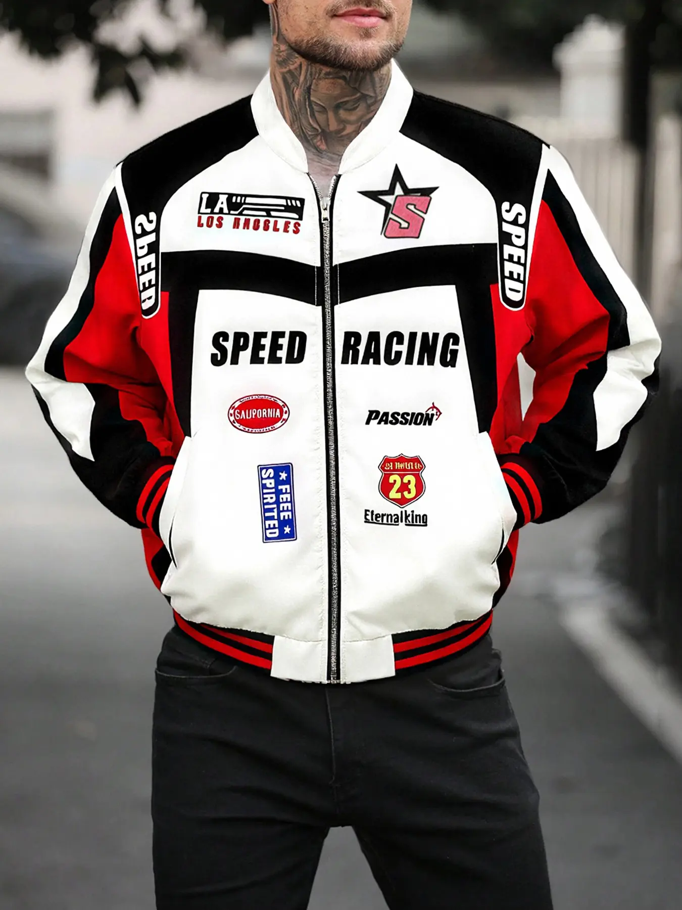 Men's Vintage Racing Jacket with Speed Racing Slogan & 23 Patch, Baseball Coat, Street Style for Cold Weather