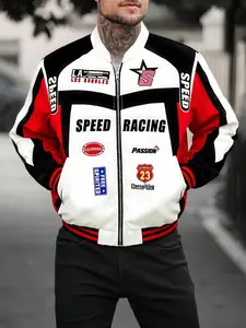 Men's Vintage Racing Zippered Jacket with Speed Racing Slogan & 23 Patch, Graphic, Baseball Coat, Street Style for Cold Weather