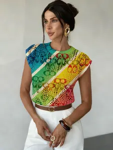 Geometric Pattern Gradient Striped Round Neck Sweater, Stylish Sleeveless Knit Top Short for All Seasons, Comfortable Lightweight Women's Apparel