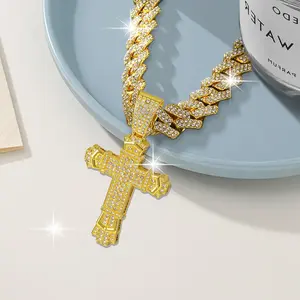 Unisex Long Hip-Hop Cuban Link Chain Necklace, Gold-Tone Metal with Cross Pendant, Everyday Wear Fashion Costume Jewelry Chains & Hip-Hop Necklaces, Cross Necklaces, Link Chain Necklaces