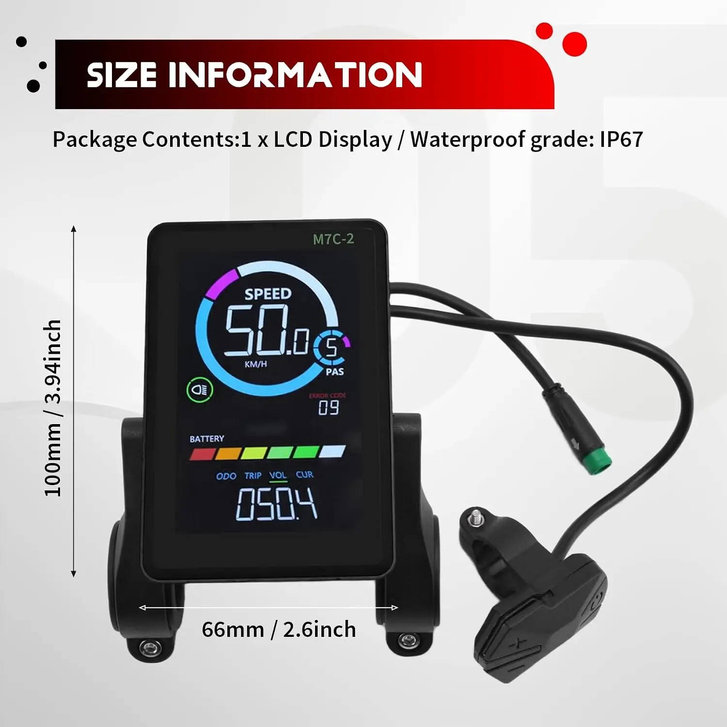 M7C-2 E-Bike LCD Display Meter 24V 36V 48V 60V - 5-Pin Panel | Waterproof electric scooter & mountain ebike dashboard control panel with USB UART port. Speedometer parts & accessories