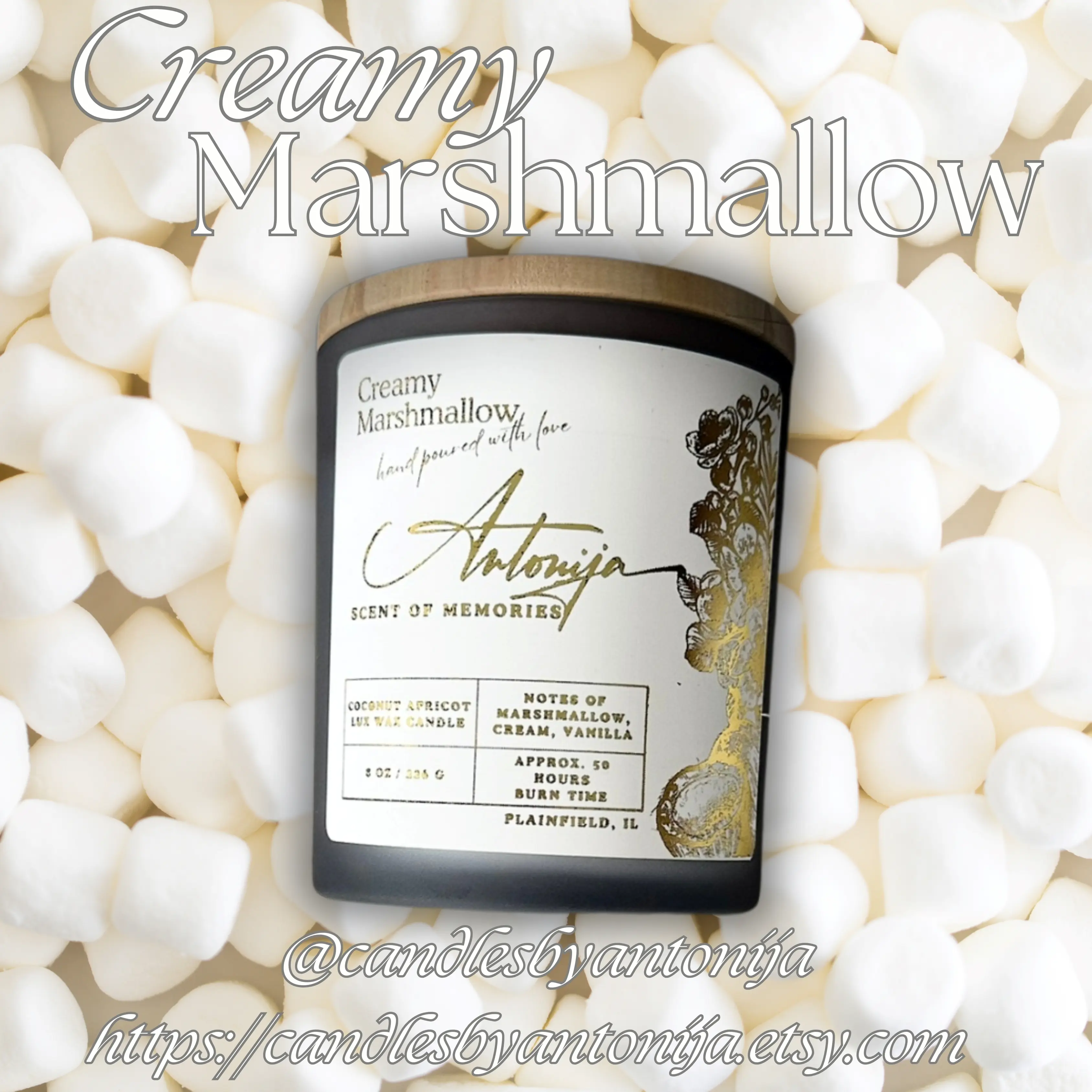CREAMY MARSHMALLOW | Natural Luxurious Coconut Apricot Wax Candle With Pure Fragrance & Essential Oils Aroma Decor Light Scent