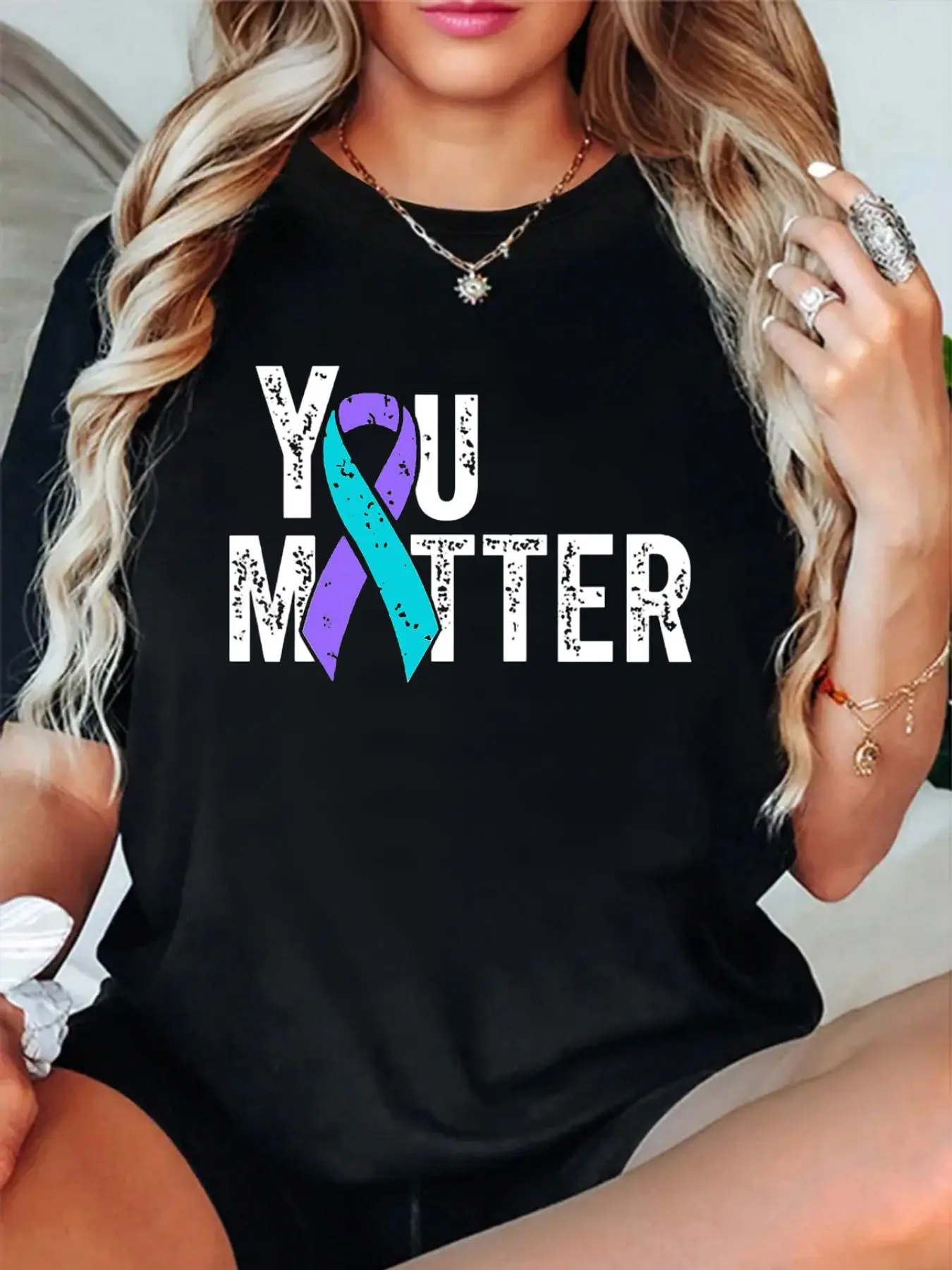 100% Cotton T shirts MAIHUN Suicide Awareness Shirt Teal Purple Ribbon Tshirt You Matter Mental Health Prevention Tee Top Breathable & Comfort Fit Tee Women,Short Sleeve Crew Neck Top for All Seasons,Graphic Tees Women Tops