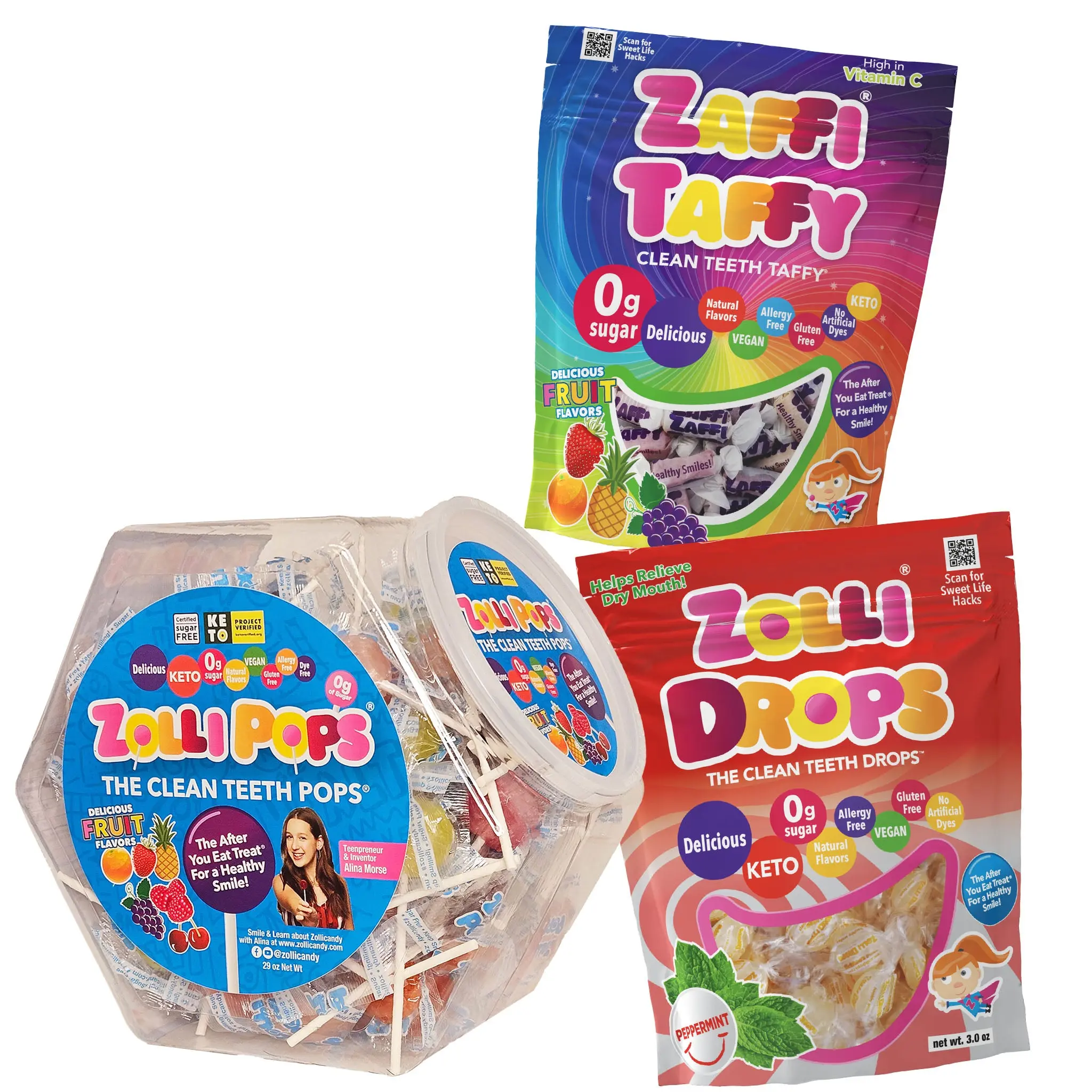 Zolli Candy Sugar-Free Gluten-Free Lollipops, Taffy & Drops Bundle - Natural Fruit-Flavored Candy Snacks with Strawberry, Orange & Peppermint Oil, Low Calorie Snacks, Chewy Sweets, Chewy Fruity Treat for Kids, Adults, Chewy Fruity Candy