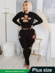 [Plus Size] Two-Piece Set Solid Fitted Cut Out Long Sleeve Crop Top & Skinny Pants, Casual Fashion Cozy Breathable Clothing Set for Daily Outdoor Wear, Women Clothing for Summer, Suits, Fall outfit, Casual Outfits Women, Womenswear