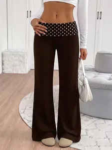 Women's Polka Dot Fold-Over Waist Flare Pants 2026 Slim Fit Casual Streetwear Summer Daily Trendy Going Out Stylish Viral TikTok Fashion Essential Bottoms Womenswear Style