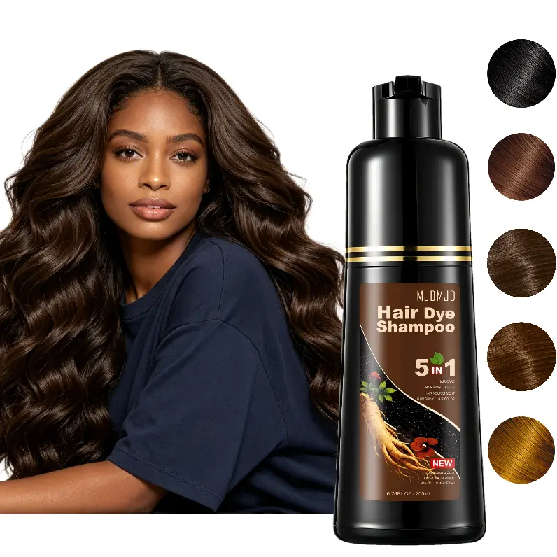5-IN-1 Dark Brown Ginseng Hair Dye Shampoo, Ammonia-Free Gentle Scalp Formula, Instant At-Home Hair Coloring, Long-Lasting Brown, Black & Blonde Shades, Effective Gray Hair Coverage for Men & Women, 200ml with 8 Natural Hair Color Options