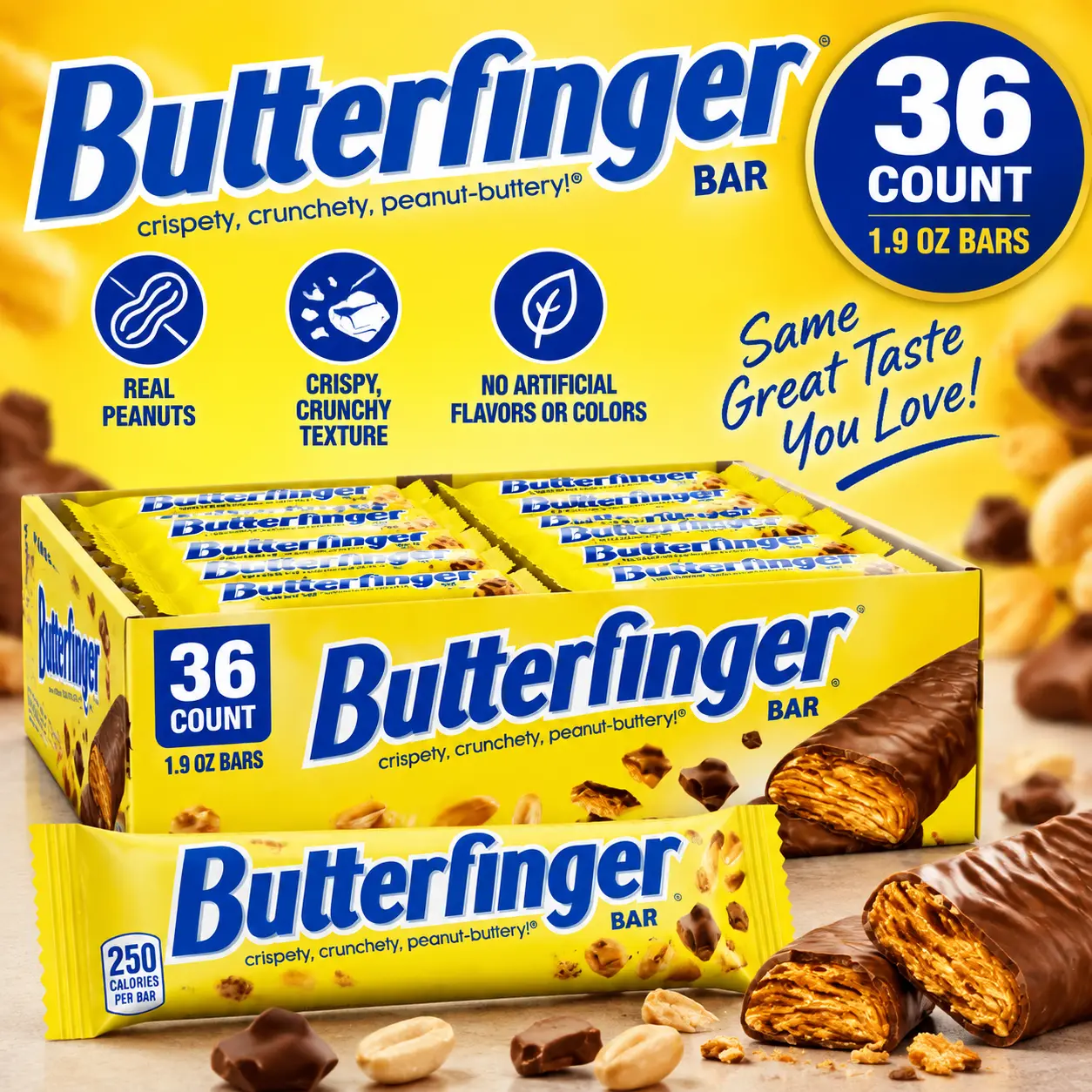 Butterfinger Sweet Crispy Peanut Butter Milk Chocolate Candy Bars - 1.9 oz, 36 Count, Rich Chocolate Flavor Snacks