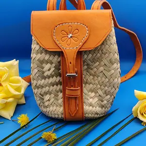 Handcrafted Palm Leaf Backpack with Natural Leather Accents Mexican Artisan Crafted Bag