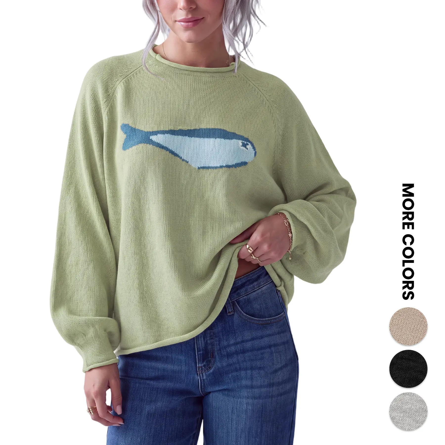 Aswulk Women Cute Fish Intarsia Knit Sweater, Roll Edge Mock Neck Lantern Long Sleeve Loose Pullover Jumper, Casual Vintage Knit Top for Fall Winter