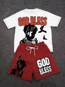 Y2K Style Unisex 2-Piece Set, God Bless Print Graphic Short Sleeve T-Shirt & Trendy Shorts, Streetwear, Faith Culture, Men's Gift, Couple