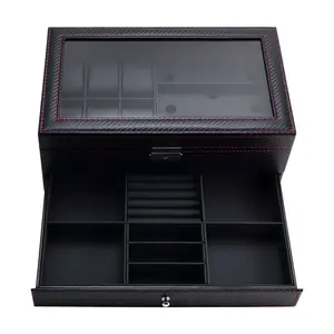Men's Watch Box Organizer with 6 Slots & Large Glass Lid, Styling Jewelry & Sunglasses Storage, Lockable 2-Layer Protection Display Case, Perfect Gift