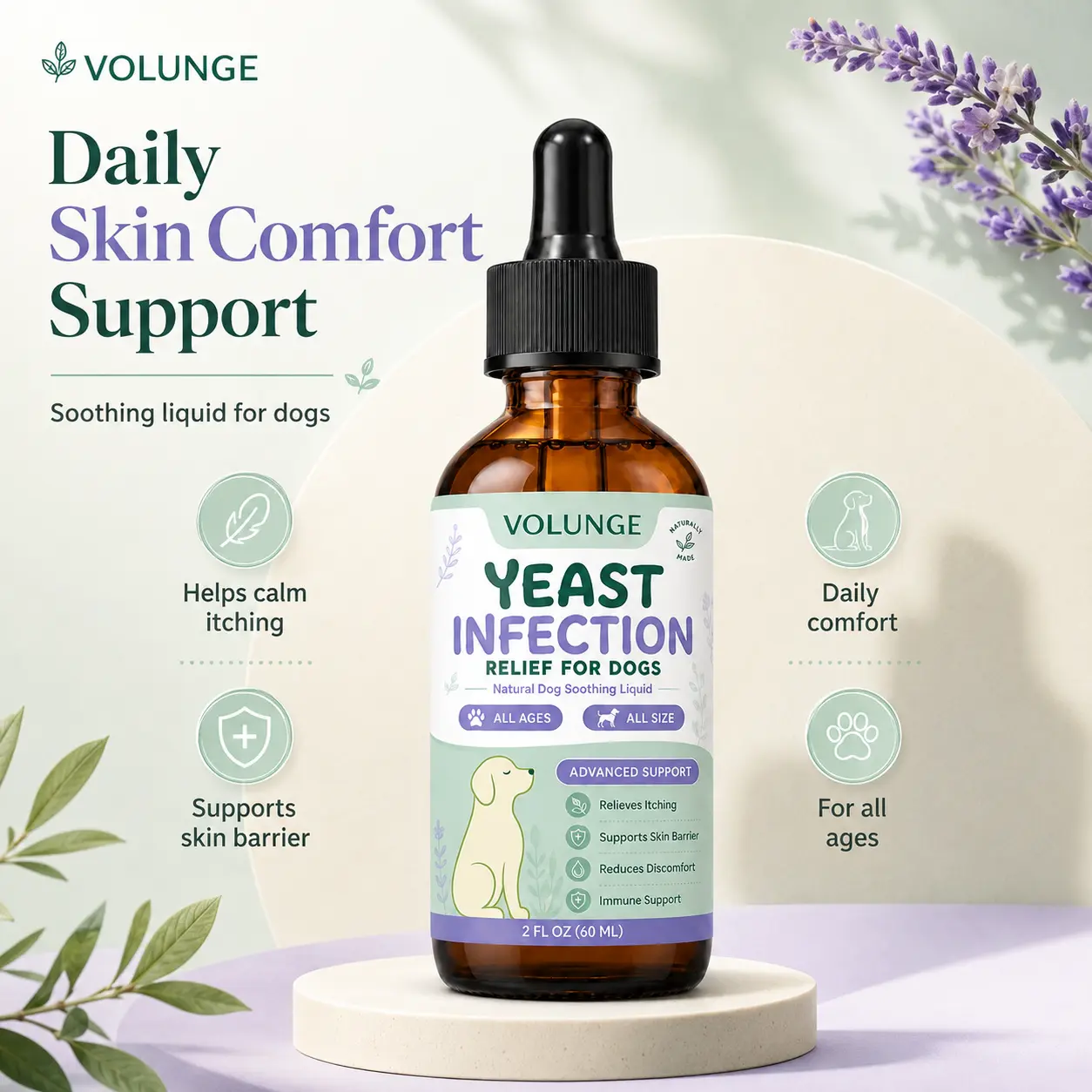 Dog Skin Support Liquid Supplement, Daily Wellness Drops for Dogs, Skin Barrier & Coat Care Formula, Itch Comfort Support, Natural Herbal Blend, 2 fl oz