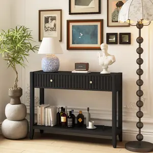 Narrow Console Table with Drawers and Shelf, Black