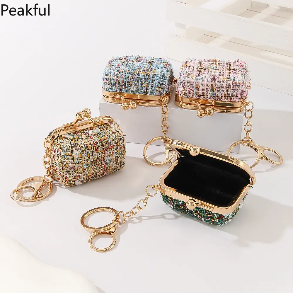 Luxury Tweed Mini Keychain Coin Purse, Popular Clip-On Floral Textured Tiny Wallet, Elegant Kiss-Lock Key Ring Pouch, sturdy metal frame & timeless tweed weave,great for small item storage, bag charm decoration,travel essentials and feminine accessory use
