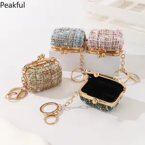 Luxury Tweed Mini Keychain Coin Purse, Popular Clip-On Floral Textured Tiny Wallet, Elegant Kiss-Lock Key Ring Pouch, sturdy metal frame & timeless tweed weave,great for small item storage, bag charm decoration,travel essentials and feminine accessory use