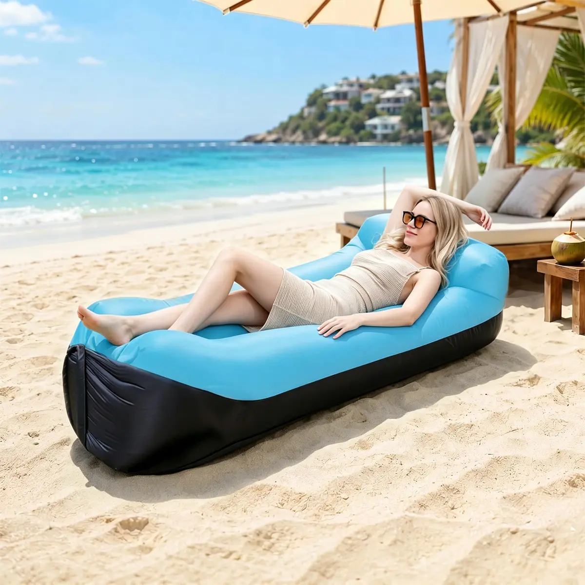 Large Inflatable Lounge Sofa with Curved Waist-Fit Design, Portable Lightweight Waterproof, Tool-Free Quick-Inflating, Leak-Proof Foldable for Camping, Picnic, Balcony Relaxation, Outdoor Camping