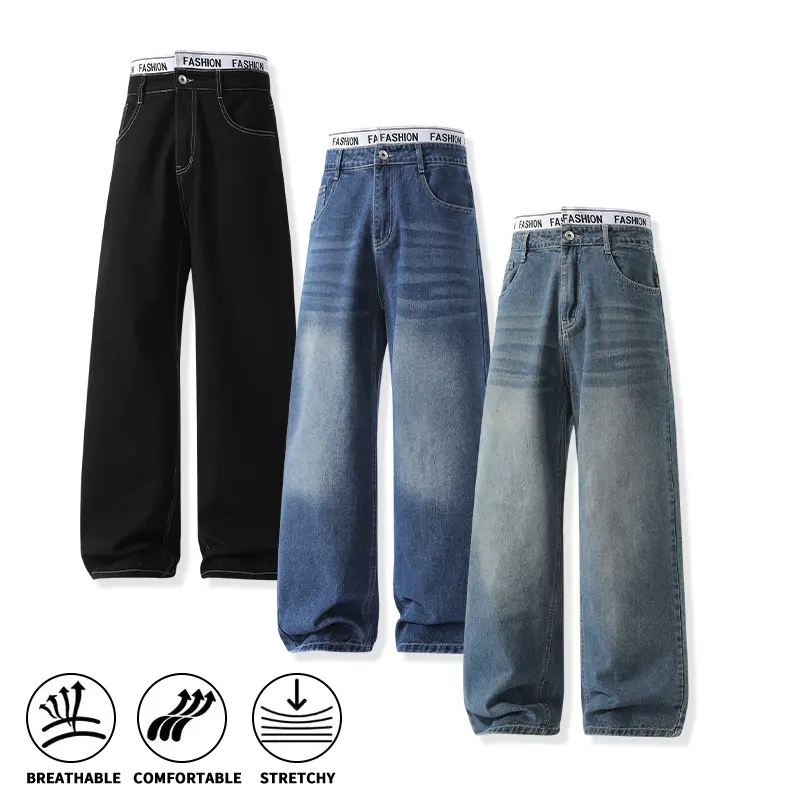 Men’s Fall Winter Wide Leg Denim Pants, Stretch Breathable Casual Jeans, Contrast Waistband Detail, Relaxed Loose Fit, Classic Front Pockets, Soft Comfort Fabric, For adult men, great for street style hangouts, daily outings and weekend casual trips