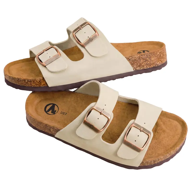 N Women's Sandals, Plain Cork Footbed Wedge Slides with Arch Support & Cloud Comfort, Adjustable Double Buckle for Beach & Walking, Adjustable Buckle Sandals, Footwear For Beach, Beach Slides