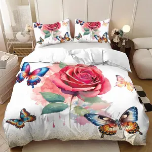 Rose & Butterfly Print Bedding Set, Ultrafine Fiber, Kids & Adults, Valentine's Day Bedroom Decor, Includes Pillowcases, 3-Piece, Zipper Closure