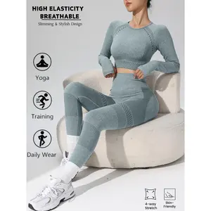 2pcs Women's Workout Set - Seamless Yoga Leggings with Cross-Strap Long Sleeve Sports Bra, Slim Fit Gym Activewear for Running and Training, Tummy Control & Butt Lift, Spring/Summer/Fall