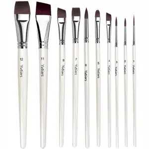 10pcs Professional Artist Paint Brush Set, White Handle, Nylon Bristles,Flat & Angled Brushes for Face Painting, Watercolor