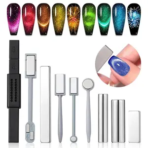 Cat Eye Magnetic for Nail: 9PCS Cat Eye Gel Nail Polish Magnet Tools Set Strong Suction Nail Magnet Nails Square Round Magnet Stick Diverse Cat Eye Effect Double Ended Nail Salon Art Tools