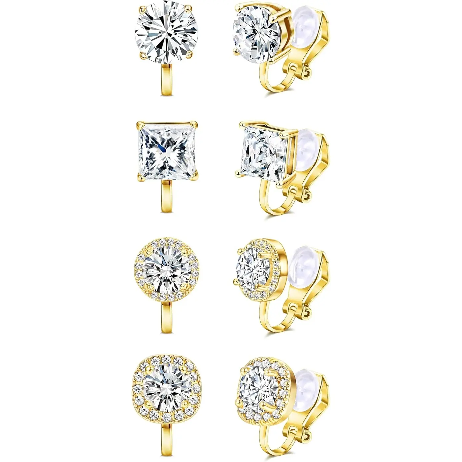 THUNARAZ Unisex 4-Pair Non-Pierced Clip-On Ear Studs - Hypoallergenic Metal Coated, Synthetic Diamond, Silvery Gold Gothic Fashionable Jewelry for Weddings, Parties (Stud Earring Jewelry), Fake Piercings, Gold Earrings Set, Men's Accessories, 4 Pairs