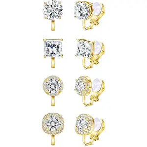 THUNARAZ 4 Pairs Dazzling Non Pierced Ear Clips Hypoallergenic Cubic Zirconia Clip on Earrings for Women Men Comfortable for Wedding and Dance Competitions Silvery Golden Earrings Goth Accessories Fashionable Jewelry Earring Stack for Christmas Gift