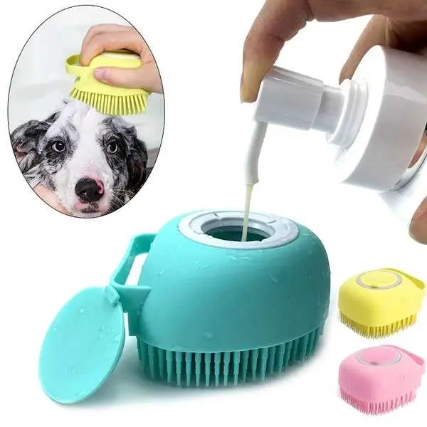 Pet Bath Soap Dispenser Massage Brush - Silicone Grooming Supplies with Soft Bristles, Detachable Smooth Silicone Head (Feels Smooth on Fur), Durable Design, Universal Fit for Dogs & Cats, Deodorant, Massage Shampoo, Skin Moisturizing for Bathing