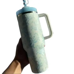 40OZ, Limited Edition Gift Box, Floral Series, Playful Bow In Winter Ice Color, Playful Bow In Chantilly, Tuscan Blue Fabric, Baby Bow In Pink Mint Green, Stainless Steel Portable Water Bottle With Multiple Color Patterns, Equipped With Straw And Handle.