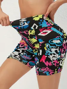 1-pack Women's Sports Printed Shorts High Waist Hip Lifting Yoga Shorts With Pocket Three-quarter Pants Gym Running Exercise Fitness Shorts