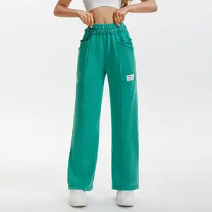 APUYO Women's Wide-Leg Sweatpants — Teal Distressed-Hem Cargo Joggers — High-Waisted, Breathable Pure Cotton Trousers (Casual Jogging Pants)