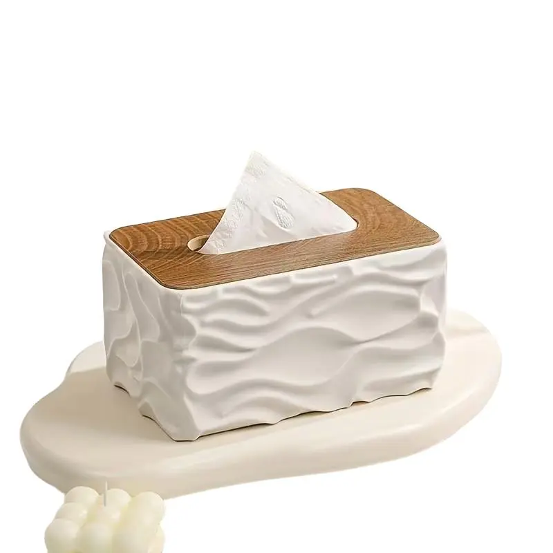 Nordic Style Paper Towel Holder, Tissue Holder, Wave Design with Wood Grain Lid, Large Napkin Dispenser, Bathroom Decor Supplies, Bathroom Accessories, Suitable for Bedroom, Living Room, Dormitory